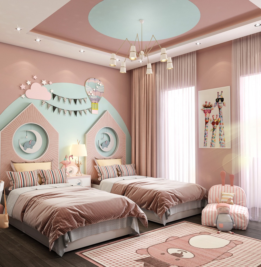 Thiết kế phòng ngủ cho 2 bé gái đáng yêu cùng tông hồng pastel