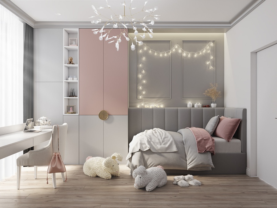  Phòng ngủ cho bé gái cá tính với gam màu xám - hồng - trắng