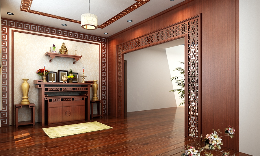 Bố trí phòng khách kết hợp phòng thờ sang trọng hút tài lộc
