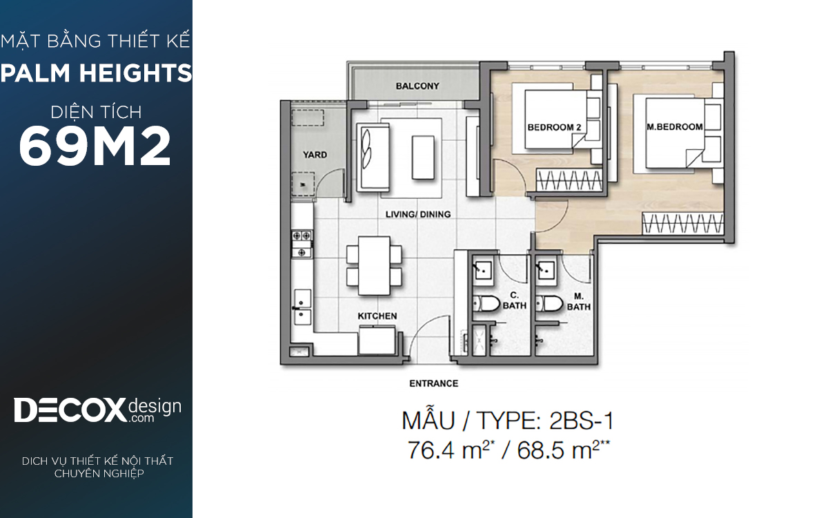 Mặt bằng căn hộ chung cư Palm Heights 76m2 – 68m2, 2 phòng ngủ