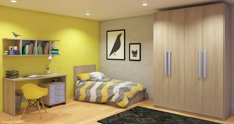 Phòng ngủ ấn tượng với một mảng tường được sơn màu vàng