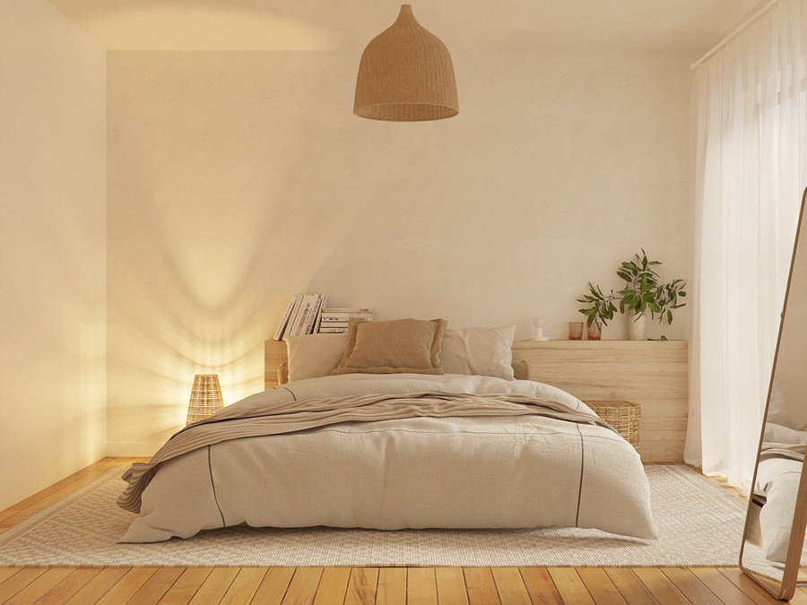 Thiết kế phòng ngủ tối giản với tone màu phấn chủ đạo