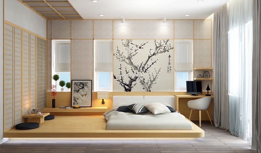 Phòng ngủ kiểu Nhật trang trí tối giản những vẫn đủ tiện ích cần thiết