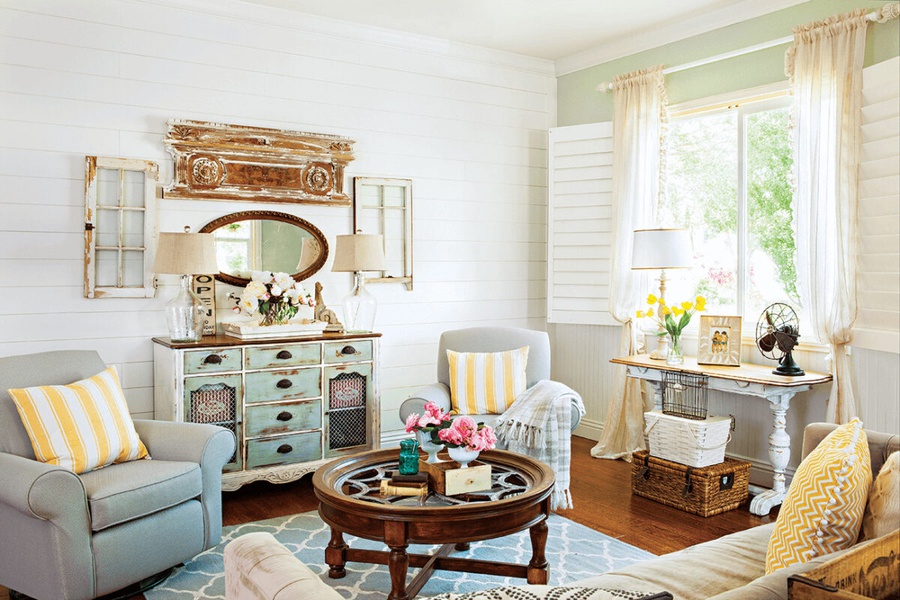 Mẫu phòng khách phong cách Vintage nhẹ nhàng, tinh tế cùng sắc màu pastel chủ đạo