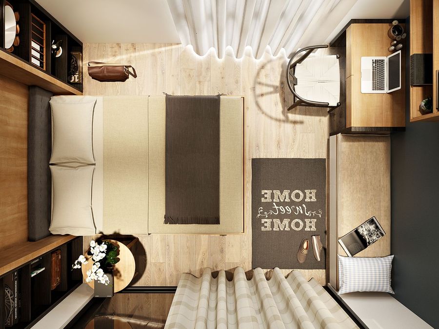 Phòng ngủ đẹp, bố trí khoa học trở thành không gian thư giãn ấm cúng cho cặp vợ chồng trẻ.