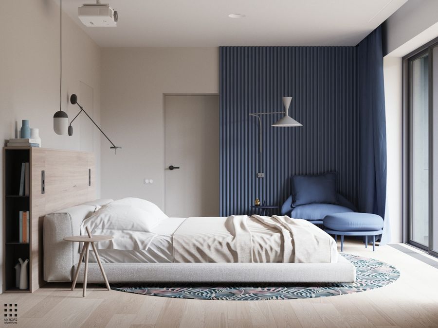 Phòng ngủ mệnh Thủy với gam màu xanh biển phối với màu trắng tươi sáng