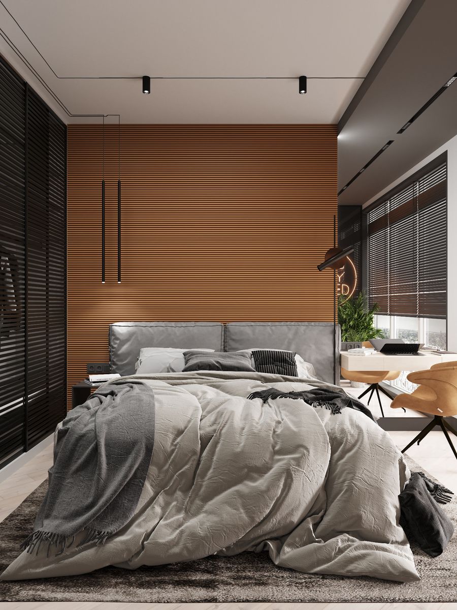Thiết kế phòng ngủ hiện đại, độc đáo với vách đầu giường tượng cho phòng thêm ấm cúng và hài hòa