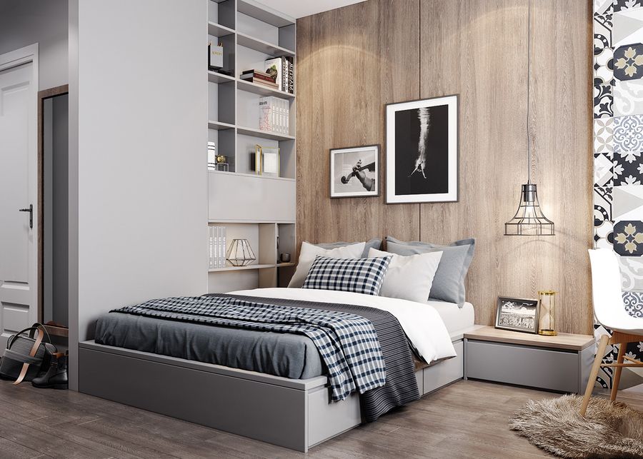 Thiết kế phòng ngủ đẹp đơn giản kệ âm tường thông minh tiết kiệm diện tích