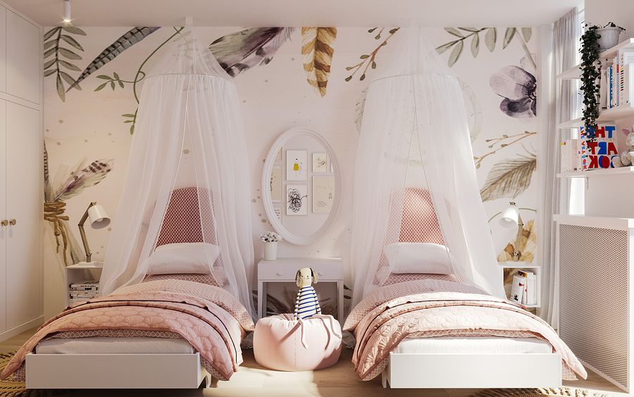 Phòng ngủ đôi cho bé gái màu trắng hồng nhẹ nhàng dễ thương