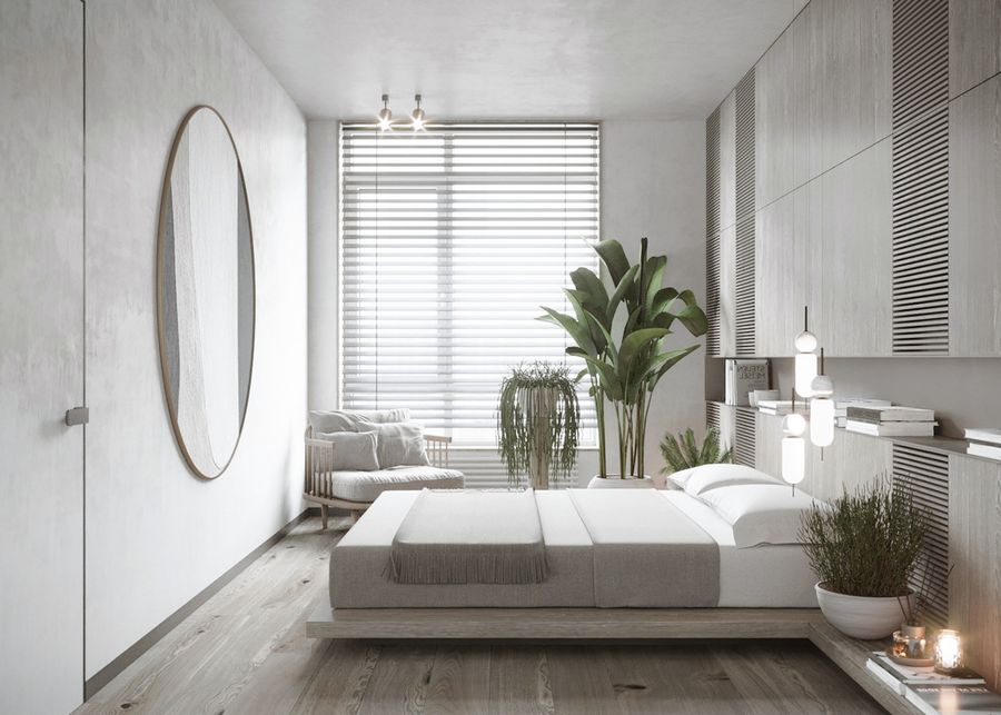Phòng ngủ đẹp chất liệu gỗ sáng, cửa sổ rèm sáo lấy ánh sáng tự nhiên mát mẻ và hài hòa