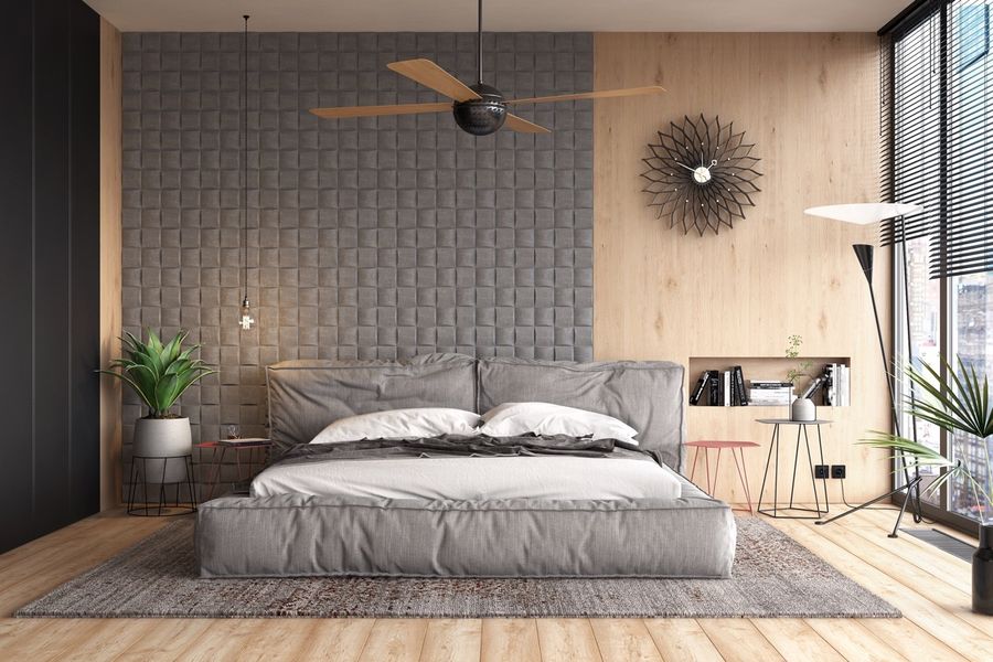 Mẫu phòng ngủ đẹp không giường kết hợp giữa màu gỗ và màu xám độc đáo