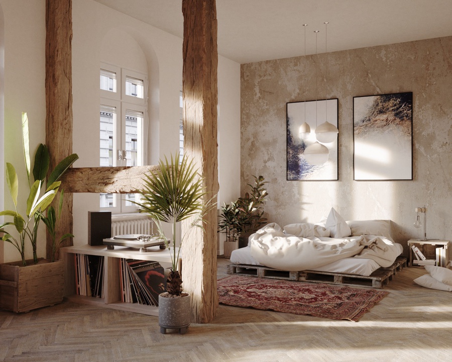 Phòng ngủ thiết kế theo phong cách Rustic mộc mạc với chất liệu gỗ