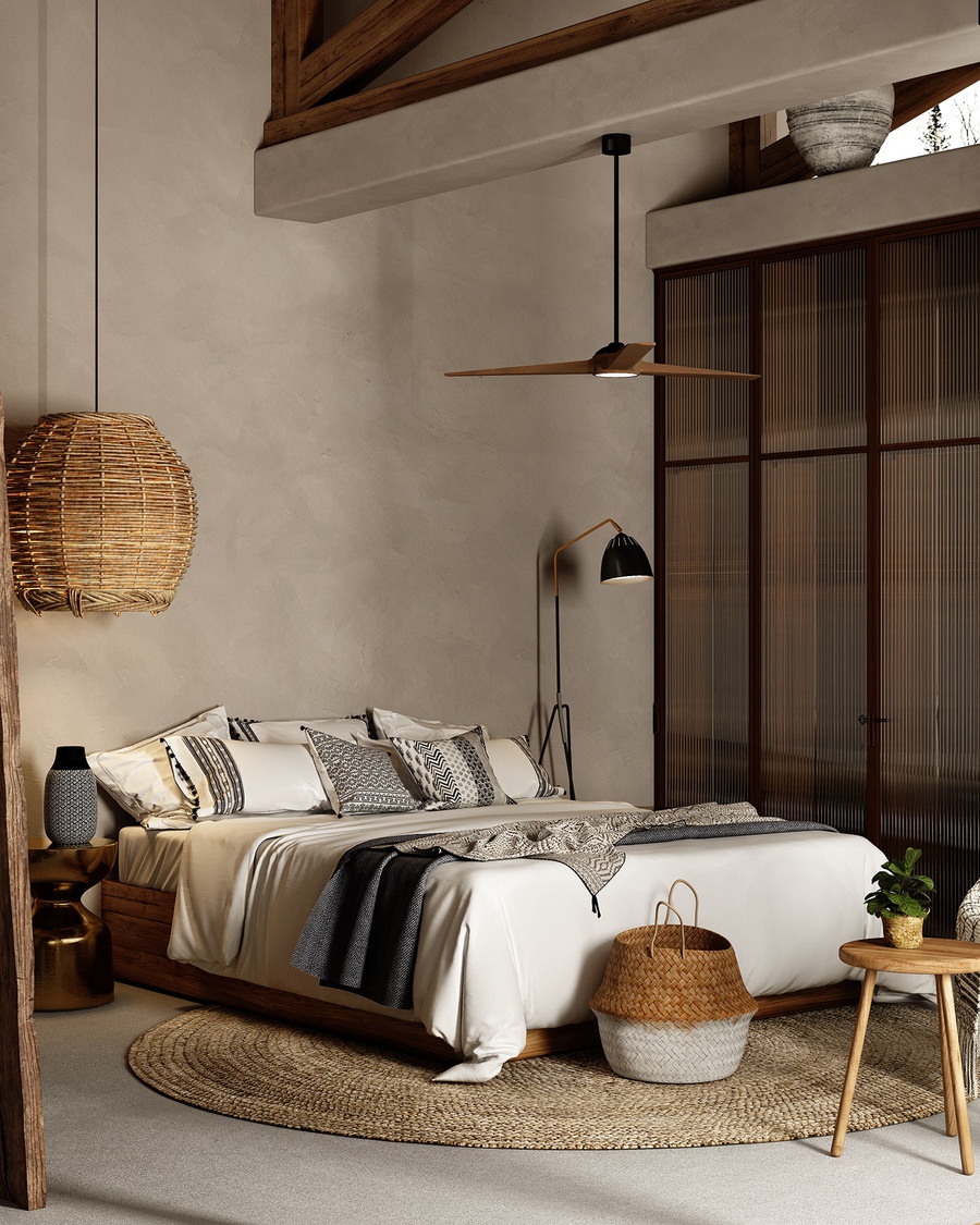 Phòng ngủ phong cách Rustic mộc mạc cùng chất liệu gỗ