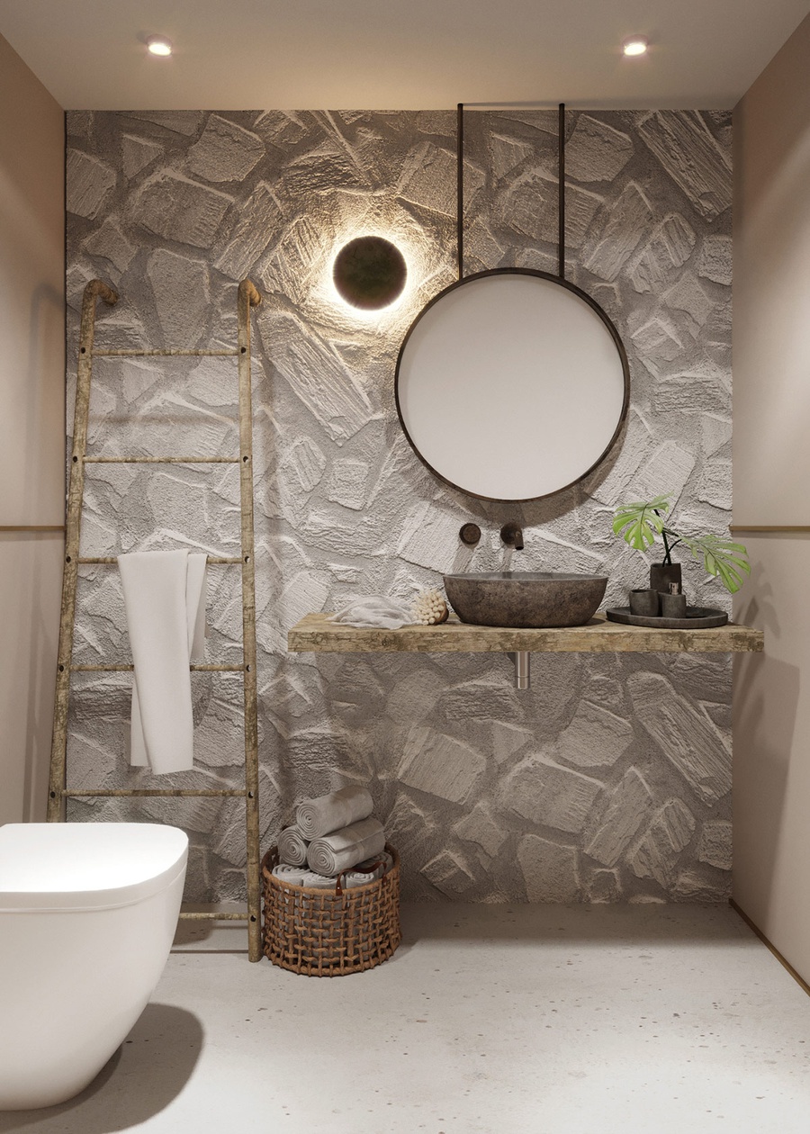 Phòng tắm Rustic thêm phần thu hút với mảng tường đá