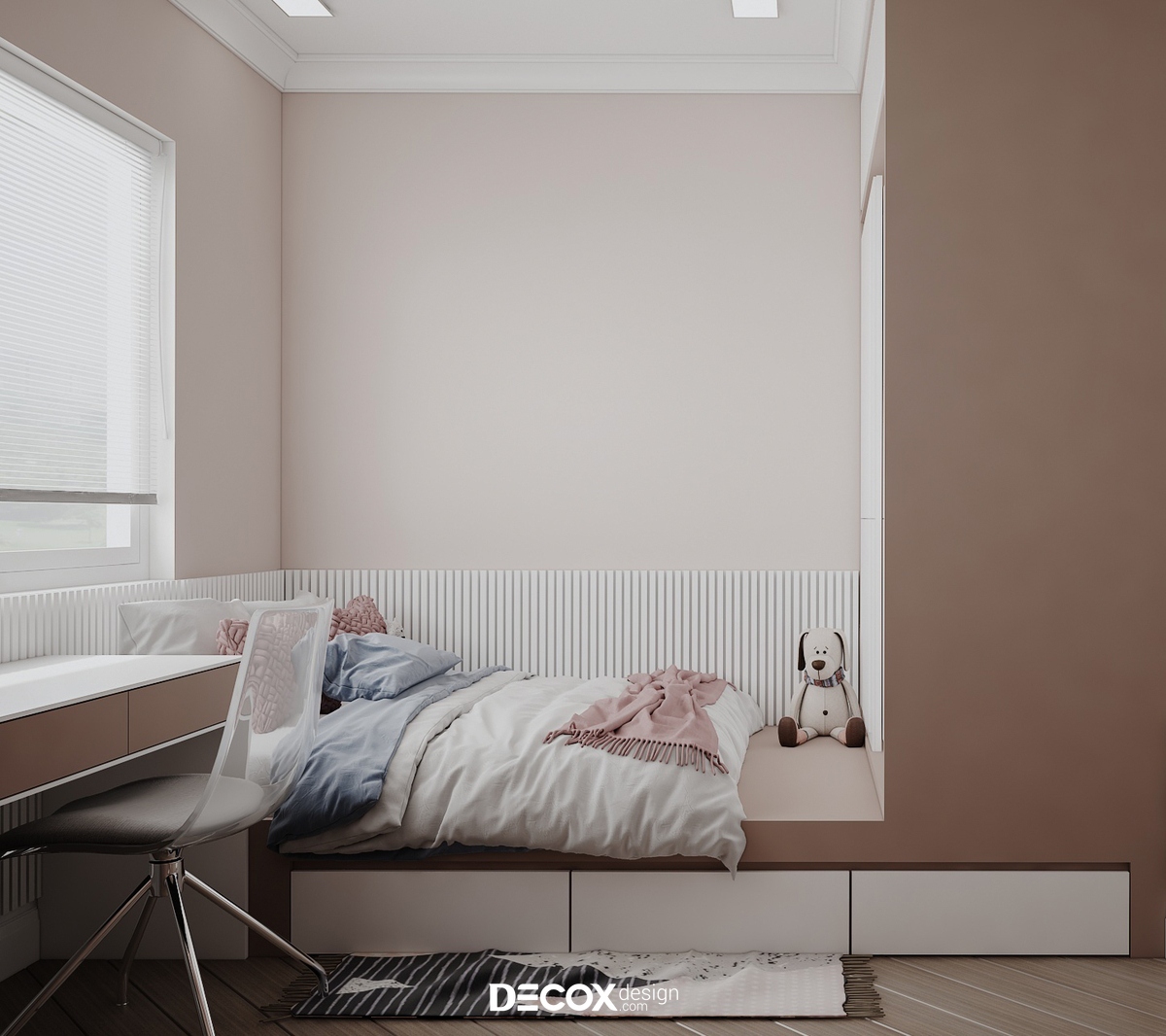 Phòng ngủ với tông màu hồng cuốn hút, mang cảm giác tươi sáng
