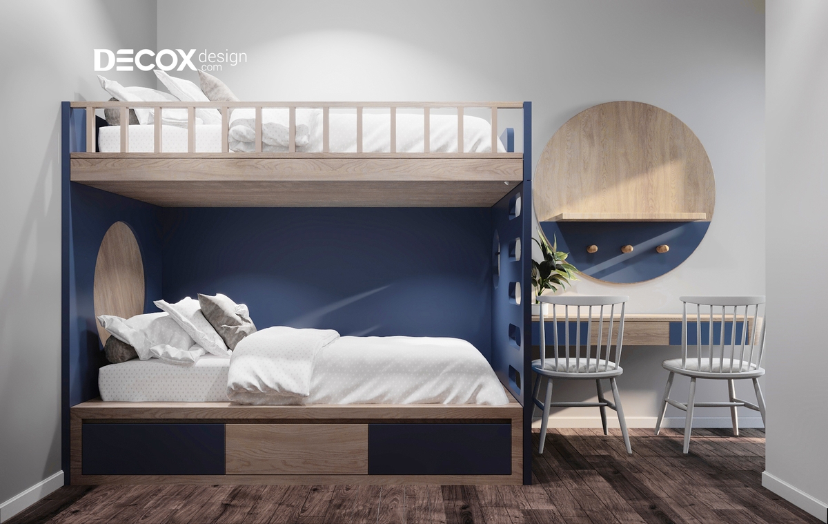 Thiết kế góc học tập và giường ngủ cùng một màu sắc đem đến sự đồng bộ cho căn phòng